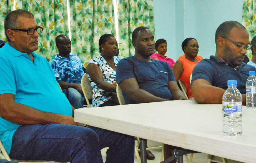 Image of Pig farmers at an intervention meeting held at the Vieux Fort Fisheries Complex last week. [PHOTO: Kingsley Emmanuel]