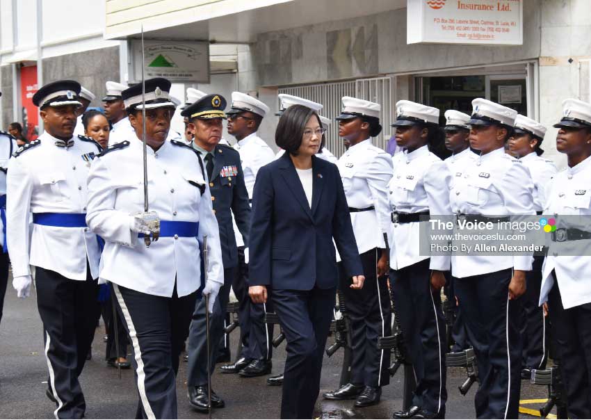 Image of President Tsai Ing-Wen inspecting the Guard of Honour Thursday in Castries.