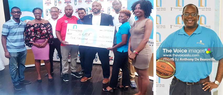 Image: SLBF President, Leslie Collymore and LAB Co-Founder Greg Griffith receiving a sponsorship cheque from 1st National Bank representative; 1st National Bank Executive Manager/ Marketing and Public Relations all set for Centre Court. (PHOTO: Anthony De Beauville)