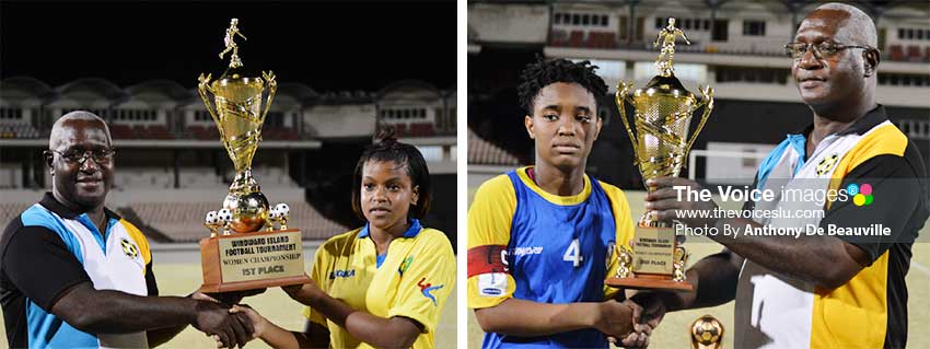 Image: (L-R) SLFA Vice President Southern Region, Emmanuel Bellase presenting the championship and second place trophy to Saint Vincent and the Grenadines, and Saint Lucia’s captain espectively. (PHOTO: Anthony De Beauville)