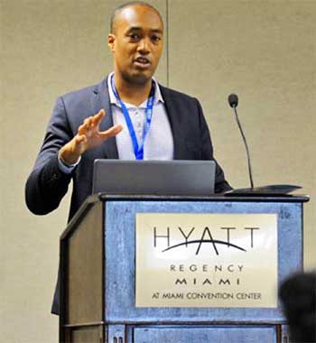 Image of Sanovnik Destang, Executive Director of Bay Gardens Resorts, addressing delegates at the Caribbean Hospitality Industry Exchange Forum (CHIEF) in Miami last month.