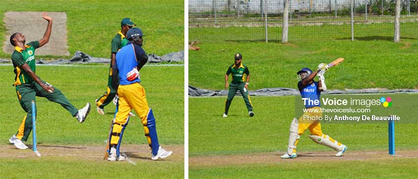 Image: (L-R) Some of the action in the final between South Castries (bowling) and Soufriere (batting) on Sunday at the MPP. (PHOTO: Anthony De Beauville)  