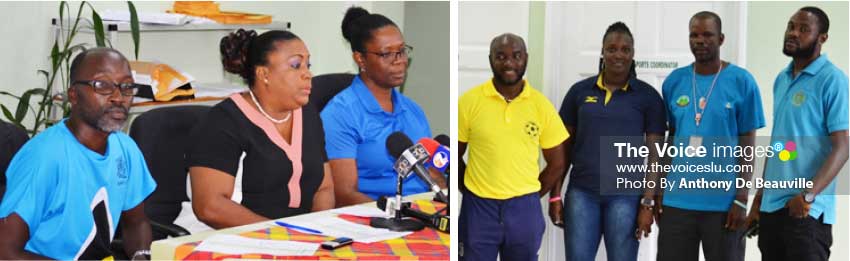 Image: (L-R) Wayne Benti – Team Manager; LiotaCharlemange - Mason – Deputy Permanent Secretary in the Ministry for Youth Development and Sports and Isabelle Marquis  -Schools Sports Coordinator and Team Chaperon;  coaches and medical personnel  travelling with the team – Solomon Alexander (football), MakebaAlcide (Physiotherapist), Cuthbert Modeste (Athletics) and Ron DuMurville (Basketball)  (missing in photo – Shem Maxell (Netball), Denis Saint Claire (Volleyball) and Germain Thomas (Basketball). (Photo: Anthony De Beauville)