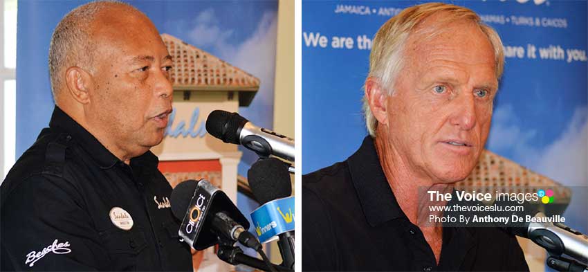 Image: (L-R) Sandals Saint Lucia Managing Director – Winston Anderson; legendary golfer – Greg Norman speaking during Wednesday morning press conference at the Sandals Golf and Country Club. (PHOTO: Anthony De Beauville) 