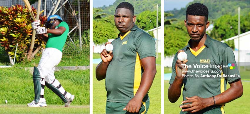 Image: (L-R) A South Castries U19  lower order batsman hits out in the final over; Xavier Gabriel and Bradley  Giddings picked up 3 for 7 and 3 for 8 for Millet versus South Castries U19s. (PHOTO: Anthony De Beauville) 