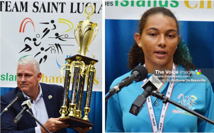 Image: (L-R) Prime Minister Allen Chastanet says “This is the trophy you should be proud about”; three year WISG volleyball player Matilda Angeloni. (Photo: Anthony De Beauville) 