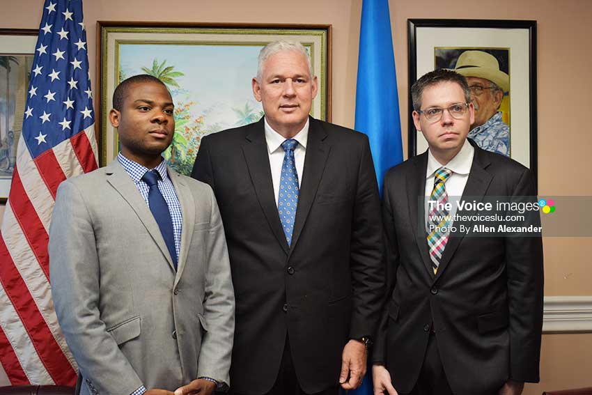 Image: From left: House Foreign Affairs Staff Associate Evan Bursey, Prime Minister Allen Chastanet, and Senior Policy Advisor to the House Foreign Affairs Committee Eric Jacobstein. [PHOTO: Allen Alexander]
