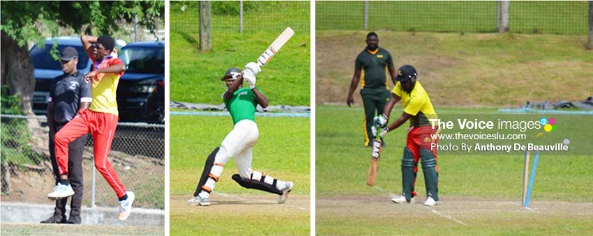 Image: (L-R) Fast bowler Jerimiah Charles about to bowl a delivery; SCCA Under 19 player going for the maximum; One of Zackary Edmund’s two wickets against Crusaders.(PHOTO: Anthony De Beauville)