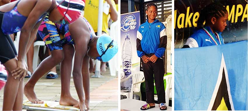 Image: (L-R)Fayth Jeffrey at the start of the 100 meter breaststroke; waiting to receive her silver medal; A proud moment with Saint Lucia’s national flag. (Photo: DKJ)