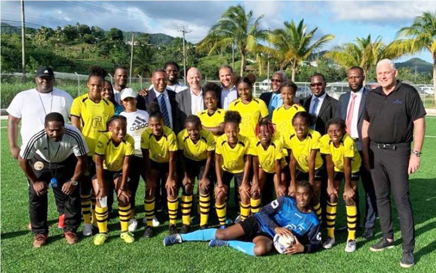 Image: Gianni Infantino, CONCACAF President - Victor Montagliani, Prime Minister - Allen Chastanet, SLFA President - Lyndon Cooper, Permanent Secretary in the Ministry of Youth Development and Sports - Benson Emille. (Photo: Terry Finistere)