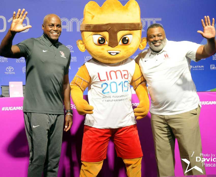 Image: Olympic legend Carl Lewis (left) with former 100 metre record holder Leroy Burrell and the Games mascot.