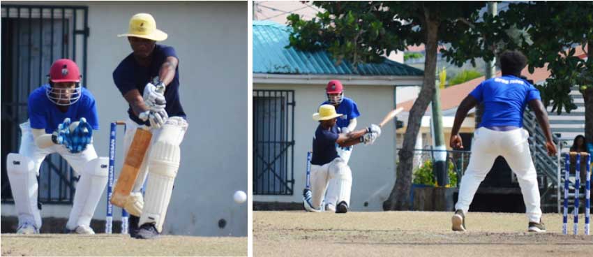 Image: (L-R) Chaz Cepal in defensive and attacking mode against Rene Montoute in the Sandals Cup semifinals playing for Central Castries versus Gros Islet, Chaz top scored with 44 runs. (Photo: Anthony De Beauville)