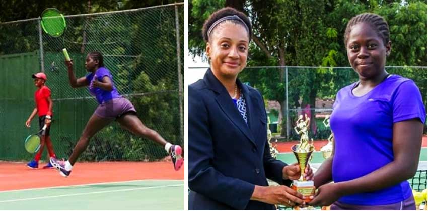 Image: Iyana Paul in action on center court; receiving her runners up trophy from a member of the Antigua and Barbuda Tennis Association. (Photo: SM)