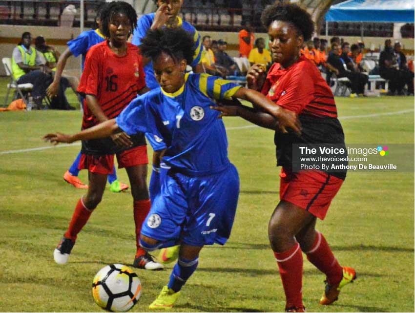 Image: Flash Back! Saint Lucia’s Krysan St Louis (No.7) in action during Saint Lucia’s Under -17 match against Antigua and Barbuda at the DSCG. (Photo: Anthony De Beauville) 