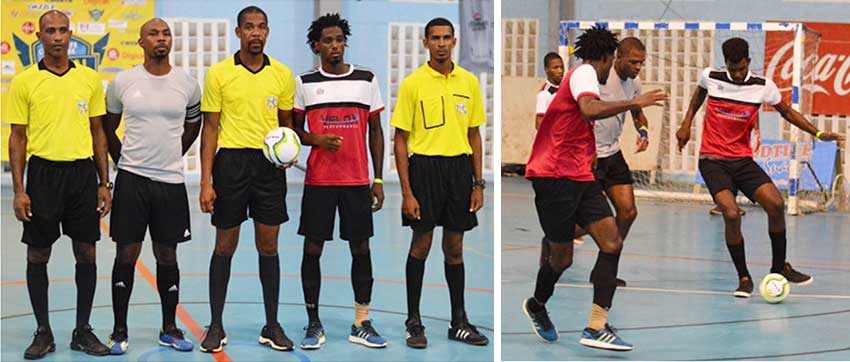 Image: (L-R) Match officials along with Bankers Association and Volex captains; Volex decked in red and black attire trounced Bankers Association 6 – 2. (Photo: Anthony De Beauville)