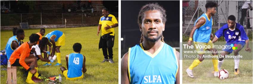 Image: (L-R) National coach Jamal Shabazz discussing the tactical aspect of the game during the halftime break versus Lancers FC; Captain Zaine Pierre and international midfield player Chaim Roserie made life difficult for Lancers FC. (Photo: Anthony De Beauville)