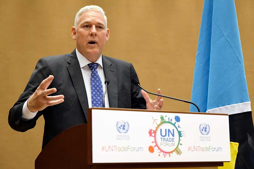 Image of PM Chastanet addressing the UN Trade Forum. 