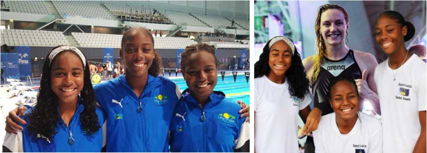 Image: (L-R) Saint Lucian swimmers at the FINA World Junior Championships: Naima Hazell, Naekeisha Louis and Mikaili Charlemangne; Saint Lucian swimmers with Hungarian swimming sensation, Olympic Gold Medallist and World Champion, Katinka Houssu. (Photo: SLAF) 