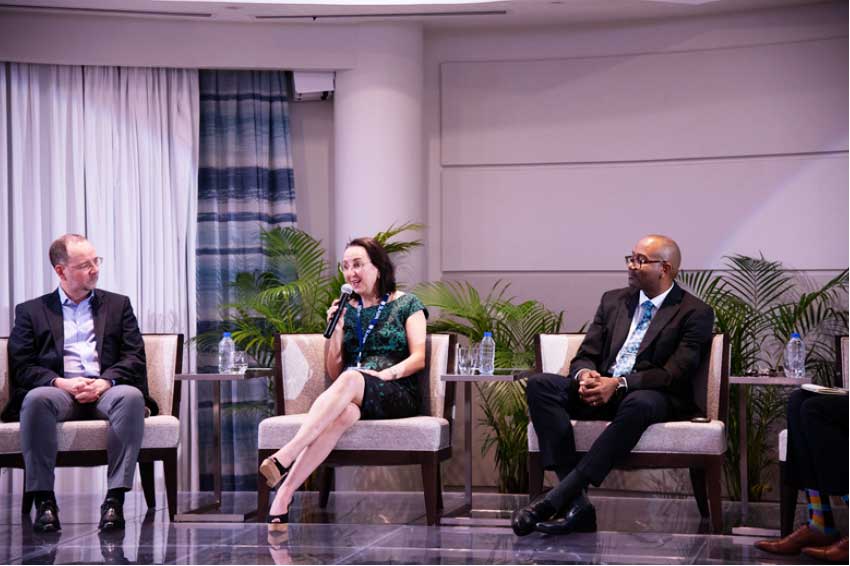 Image: From left: Sillite Reis, Director of Airport, Passenger, Cargo and Security for IATA; Karoline Troubetzkoy, Executive Director for Marketing and Operations for AnseChastanet and Jade Mountain Resorts, and Daren Cenac, General Manager of SLASPA.