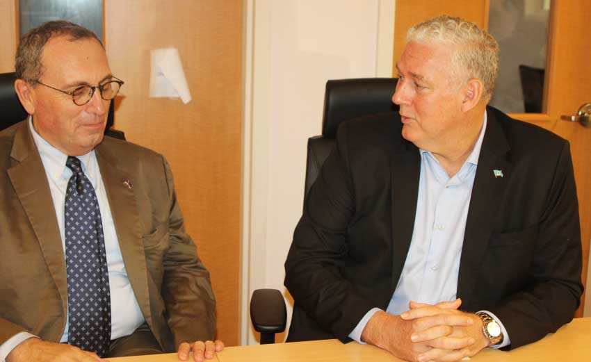 iMAGE: Stefano Manservisi, the European Union Commission’s Director General for International Cooperation and Development meeting with Prime Minister Allen Chastanet after this weekend’s walk through of the Owen King European Union (OKEU) Hospital. 