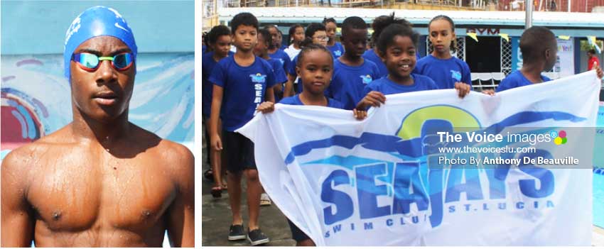 Image: (L-R) Ziv Reynolds (Sharks); members of Seajays swim club. (Photo: Anthony De Beauville) 