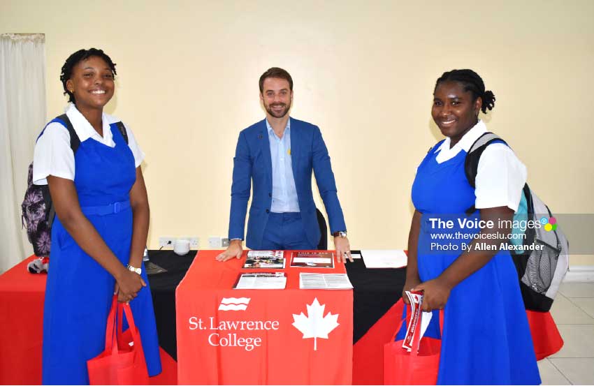 Image of Alex Zimmerman, Regional Manager of International Recruitment at St Lawrence College, with students of St Joseph’s Convent. [Photo: Allen Alexander]