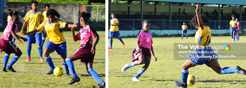 Image: (L-R) Canaries No. 14 Janell Mathurin continued to mesmerize the Under 14 defense; Mathurin takes a powerful right foot shot towards goal .(PHOTO: Anthony De Beauville) 