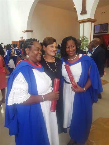 Image of Delia Cuffy-Weekes and Natasha Jervier with Pro Vice-Chancellor and Principal of the Open Campus, Dr Luz Longsworth.