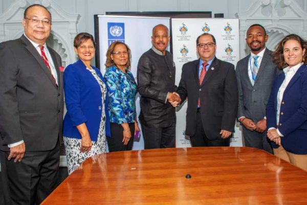 Image: L-R: The UWI Pro Vice-Chancellor and Professor of Practice, Global Affairs, Ambassador Dr Richard Bernal; The UWI Pro Vice-Chancellor and Campus Principal, Open Campus, Dr Luz Longsworth; The UWI Director of Development, Dr Stacy Richards-Kennedy; The UWI Vice-Chancellor, Professor Sir Hilary Beckles; UNDP Assistant Secretary General and Regional Director for Latin America and the Caribbean, Dr Luis Felipe López Calva; UNDP Regional Advisor, Latin America and the Caribbean, Kenroy Roach and UNDP Regional Partnership Advisor, Francesca Nardini.