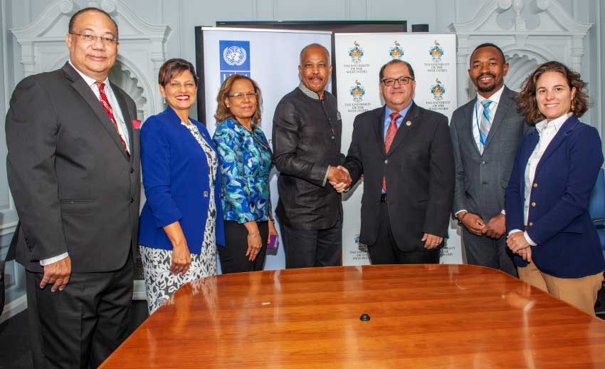 Image: L-R: The UWI Pro Vice-Chancellor and Professor of Practice, Global Affairs, Ambassador Dr Richard Bernal; The UWI Pro Vice-Chancellor and Campus Principal, Open Campus, Dr Luz Longsworth; The UWI Director of Development, Dr Stacy Richards-Kennedy; The UWI Vice-Chancellor, Professor Sir Hilary Beckles; UNDP Assistant Secretary General and Regional Director for Latin America and the Caribbean, Dr Luis Felipe López Calva; UNDP Regional Advisor, Latin America and the Caribbean, Kenroy Roach and UNDP Regional Partnership Advisor, Francesca Nardini. 