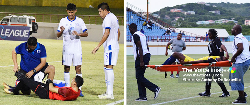 Image: (L-R) ) El Salvador goalkeeper Henry Hernandez being treated by team Physiotherapist Rene Lemus following a powerful right foot shot from Saint Lucia No. 17 Chaim Roserie; A Saint Lucian player being stretched off the field by the medical team. (PHOTO: Anthony De Beauville) 