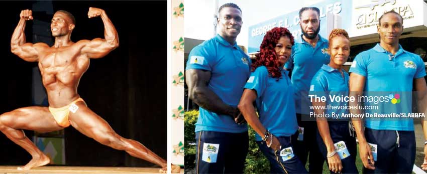 Image: (L-R)Joneil Pelage; Team Saint Lucia before departure at George F.L. Charles Airport, Joneil Pelage (Men’s Bodybuilding & Classic Bodybuilding), Velda John (Women’s Body Fitness), Zimran Leon (Men’s Physique), Monica Dudley (Vice President), Jabari Brouet (Men’s Physique). (Photo: Anthony De Beauville/SLABBFA)