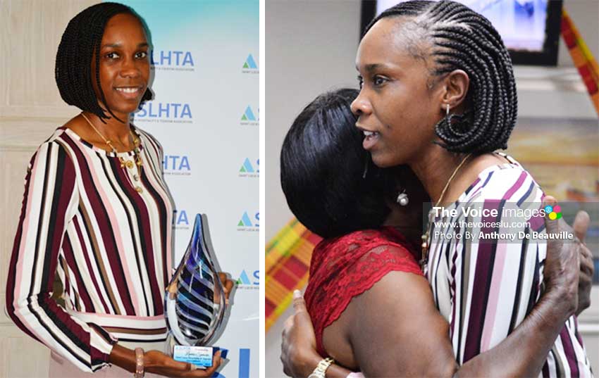 Image: (L-R) Levern Spencer with her Ambassador Award; A mothers love: Levern’s mother Anne Marie Spencer embraces her daughter on arrival inside the VIP Lounge. (PHOTO: Anthony De Beauville)