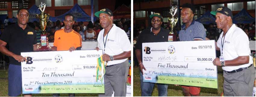 Image: (L-R) Micoud (second place) and Mabouya Valley (third place) receiving their cheque and trophy from Blackheart CEO and sponsors. (Photo: DP)