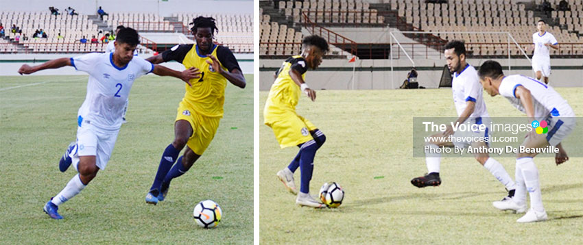 Image: (L-R) No. 2 Ibsen Castro (El Salvador/defender) and No. 2 Kurt Fredrick (Saint Lucia /defender); Saint Lucia No. 17 Chaim Roserie marked by two El Salvadorians. (PHOTO: Anthony De Beauville) 