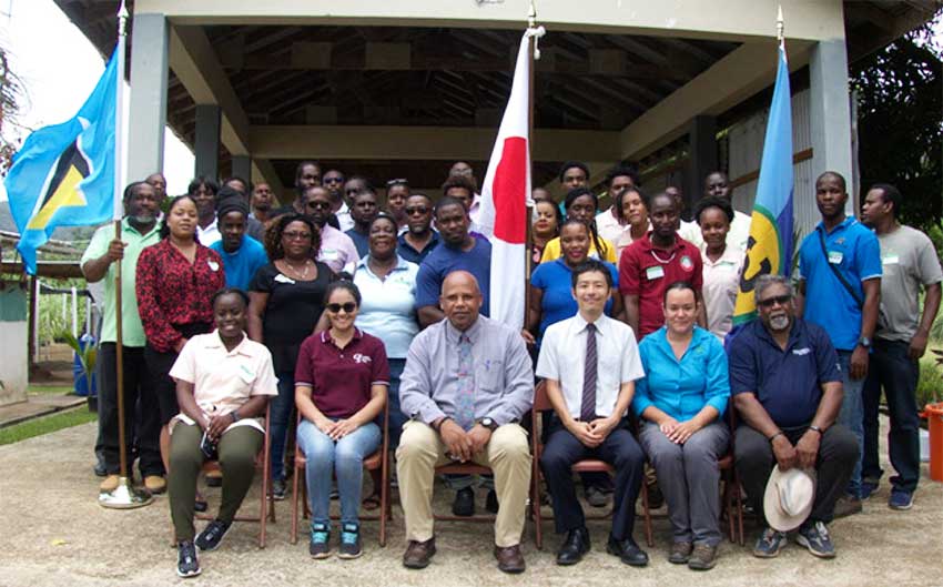 Image: Participants in the ICTs for CSA Workshop with trainers and Minister of Agriculture Ezechiel Joseph (front row, third from left). 