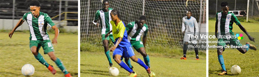 Image: (L-R) VFS No. 11 Antonius Myers was brilliant on the night but failed to get the back of the net; Marchand No. 7 Kimani Monrose made life difficult for VFS defense; VFS No. 17 Trent Alexander tried his best to keep Marchandstrikers at bay. (PHOTO: Anthony De Beauville)