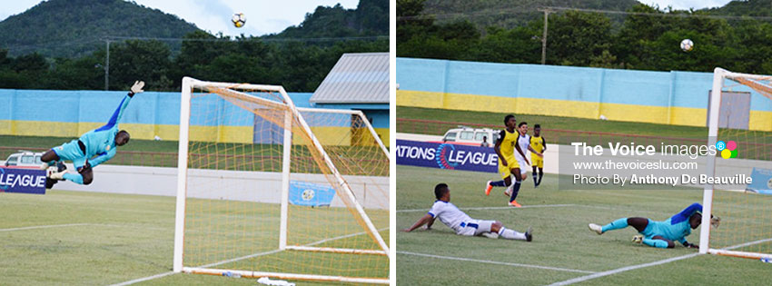 Image: Saint Lucia goalkeeper Vino Barclett caught in mid-air in attempt to save a goal; Barclett called into action again. (PHOTO: Anthony De Beauville)