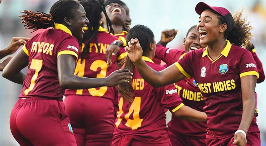 Image: Windies women celebrate the fall of another wicket. (PHOTO: AFP)