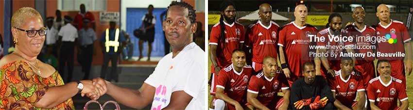 Image: (L-R) Allison Belizaire presenting Georges Alcide with his MVP of the Final award; Island Masters take on Gros Islet Veterans tomorrow evening. (PHOTO: Anthony De Beauville)