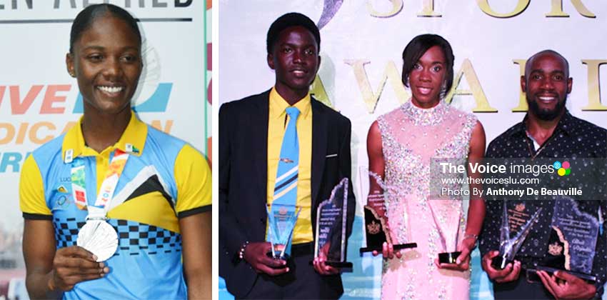 Image: (L-R) Last year’s top winners (Junior Athletes) Julien Alfred (Athletics) and Kimani Melius (Cricket), and Levern Spencer and Albert Reynolds (Athletes), both Senior Athletics. (PHOTO: Anthony De Beauville) 