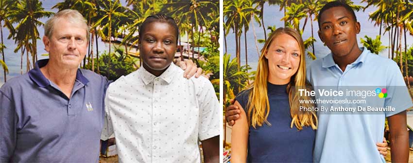 Image: (L-R) A proud moment for Spinnakers representative Micheal Richings and sponsored youth sailor Krishna Joseph; Body Holiday representative Laura Bowler and sponsored youth sailor Chrisanki Flood. (PHOTO: Anthony De Beauville)