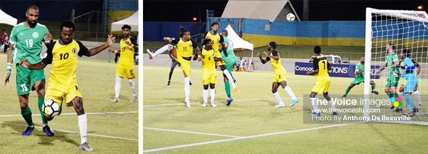 Image: (L-R) Saint Lucia No. 10 takes a shot to goal; one of the many scary moments for Saint Lucia. (PHOTO: Anthony De Beauville)