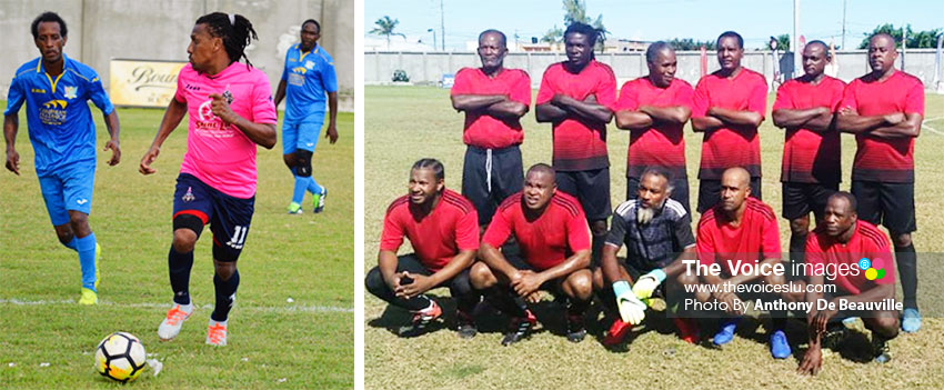 Image: (L-R) Former national striker, Titus ‘TT’ Elva playing for Central Vieux Fort made life a bit difficult for the Caricom Masters efense; Anse la Raye had a comfortable 2 – 0 win over Vieux Fort North. (PHOTO: Anthony De Beauville)