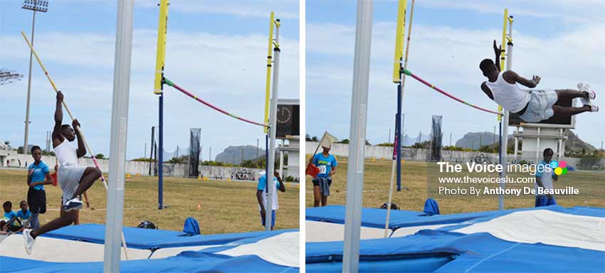 Image: (L-R) Young Pole Vaulter goes up and over the bar during a training session at the GOS. (PHOTO: Anthony De Beauville)