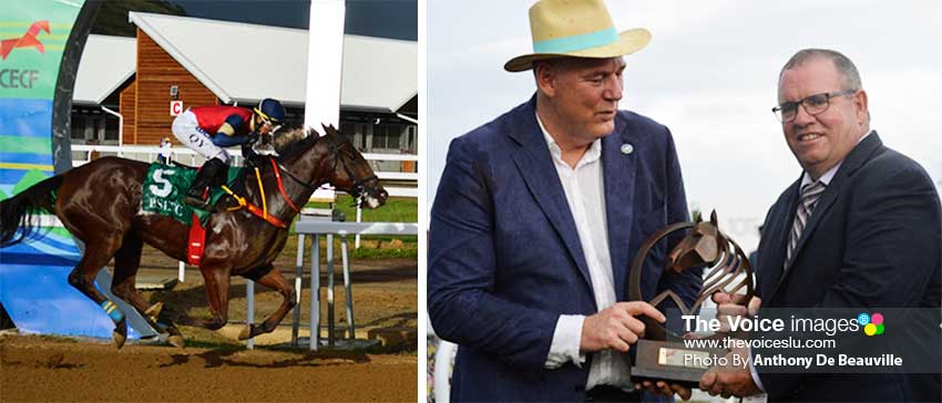 Image: (L-R) Casting Crowns crossing the finishing line; Prime Minister Allen Chastanet presenting the ower of Casting Crowns with the winning trophy . (PHOTO: Anthony De Beauville) 