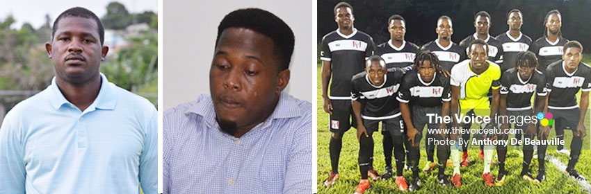 Image: (L-R) Marchand Football League President – Christopher Clarke; Gros Islet Football League President, Shayne Paul; Gros Islet football team. (PHOTO: Anthony De Beauville)