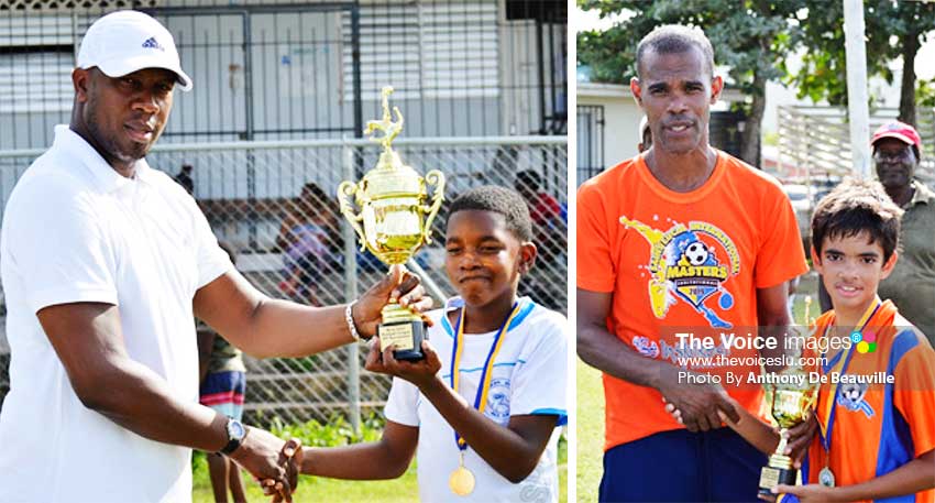 Image: (L-R) Francis Lastic presenting championship trophy to the Northern United All Stars winning captain; Shermon Sylvester presenting the captain of Valley Soccer with the second place trophy. (PHOTO: Anthony De Beauville) 