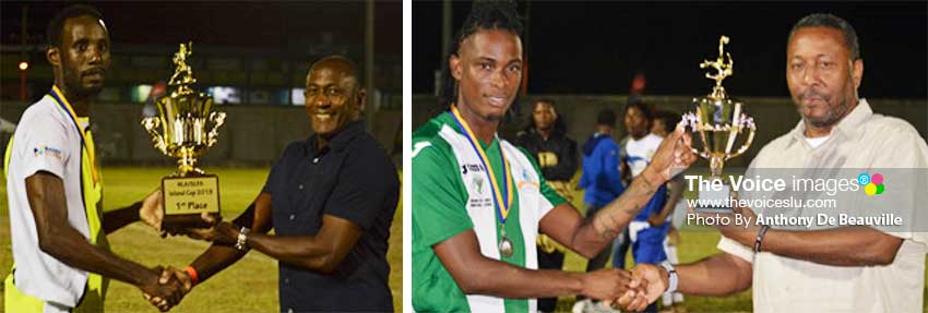 Image: (L-R) Gros Captain, Giovani Deterville receiving the Island Cup from NLA representative Caron Serieux and VFS striker Antonio Joseph receiving second place trophy from SLFA President Lyndon Cooper. (PHOTO: Anthony De Beauville) 