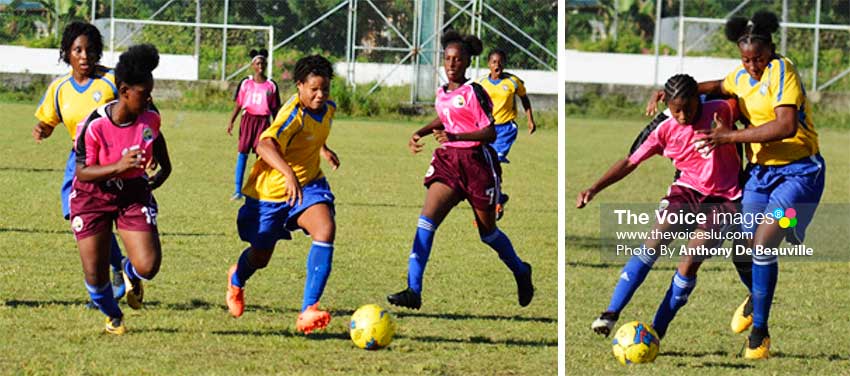Image: (L-R) National Under 14 women in action against Canaries in SLFA Tournament. (PHOTO: Anthony De Beauville) 